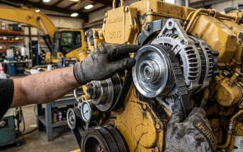 Как заменить ремень генератора на двигателе Komatsu Механик производит замену ремня генератора на желтом двигателе экскаватора Komatsu.