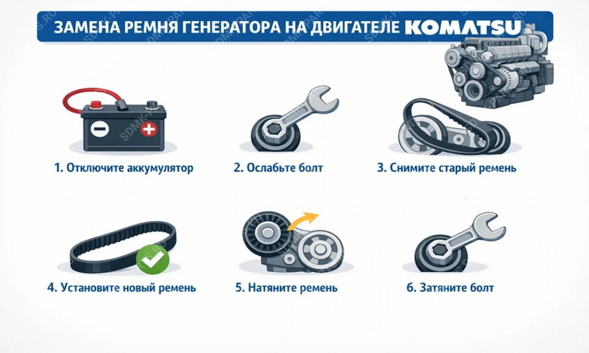 Краткая инструкция в 6 шагах по замене ремня генератора Komatsu.