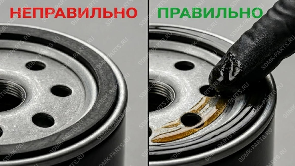 Правильная подготовка масляного фильтра — смазывание уплотнителя маслом.