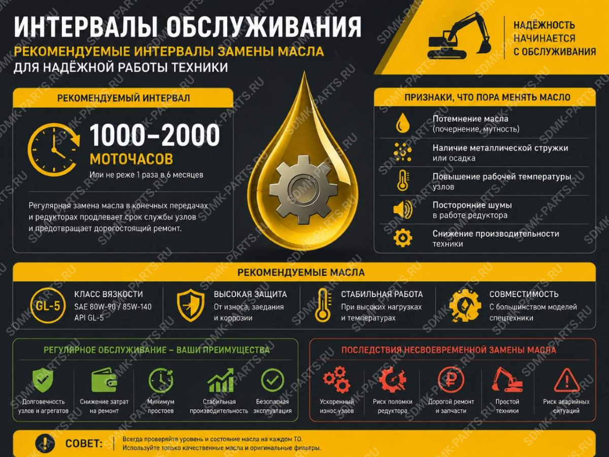 Инфографика регламента обслуживания редуктора хода спецтехники.
